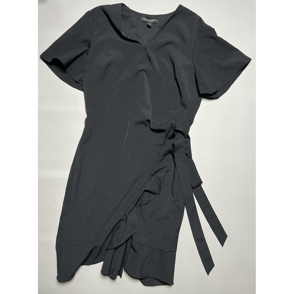 Banana Republic Women's Black Solid Wrap Dress Short‎ Sleeve V-Neck Ruffle Tie 2